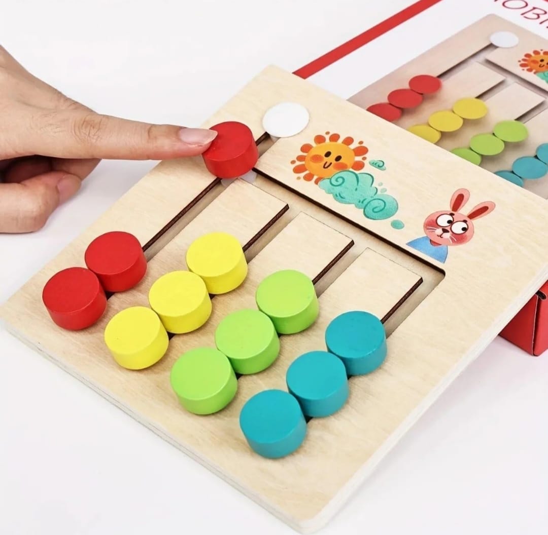 Wooden Color Matching Puzzle Board with Sliding Discs & Pattern Cards
