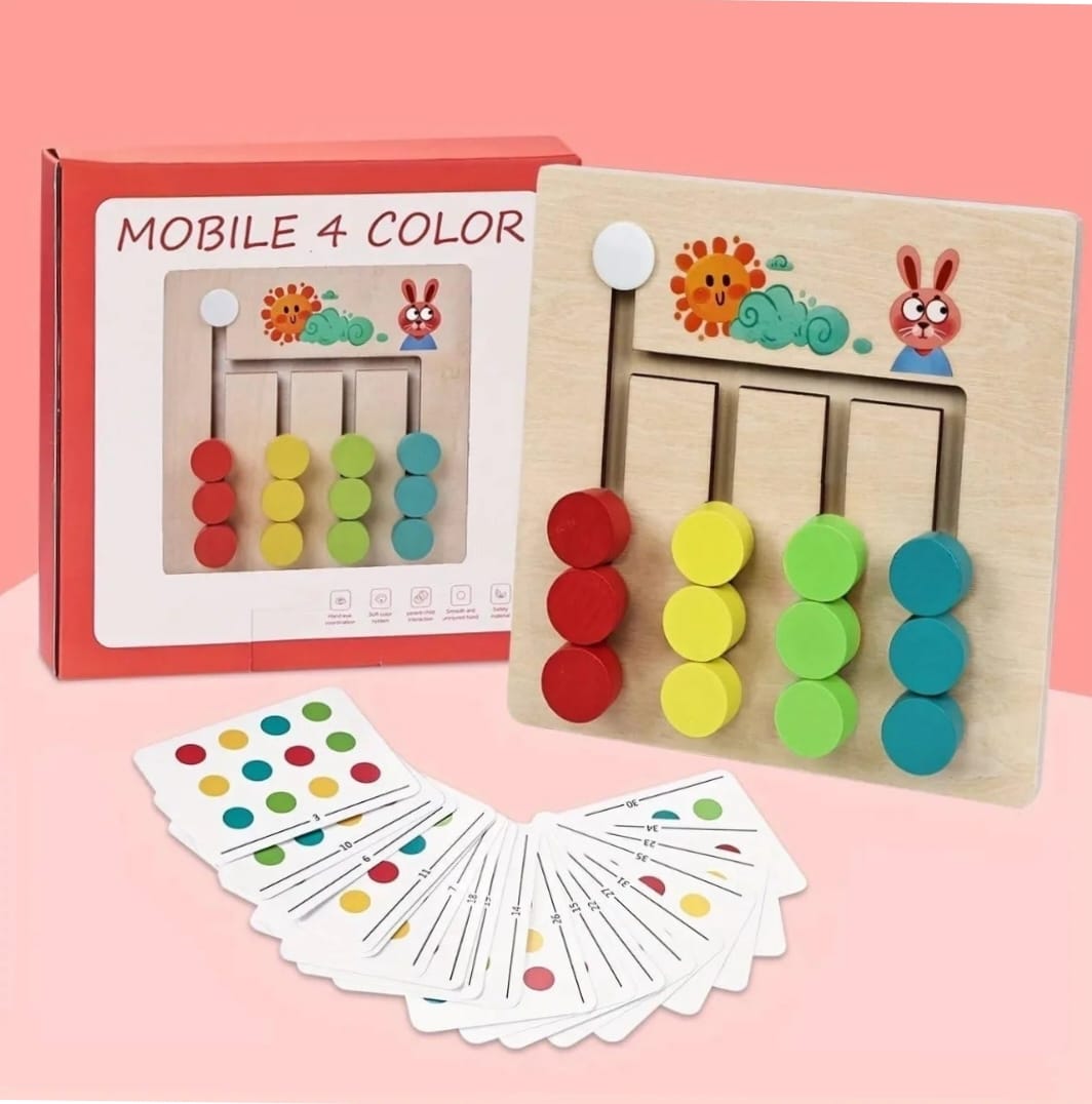 Wooden Color Matching Puzzle Board with Sliding Discs & Pattern Cards