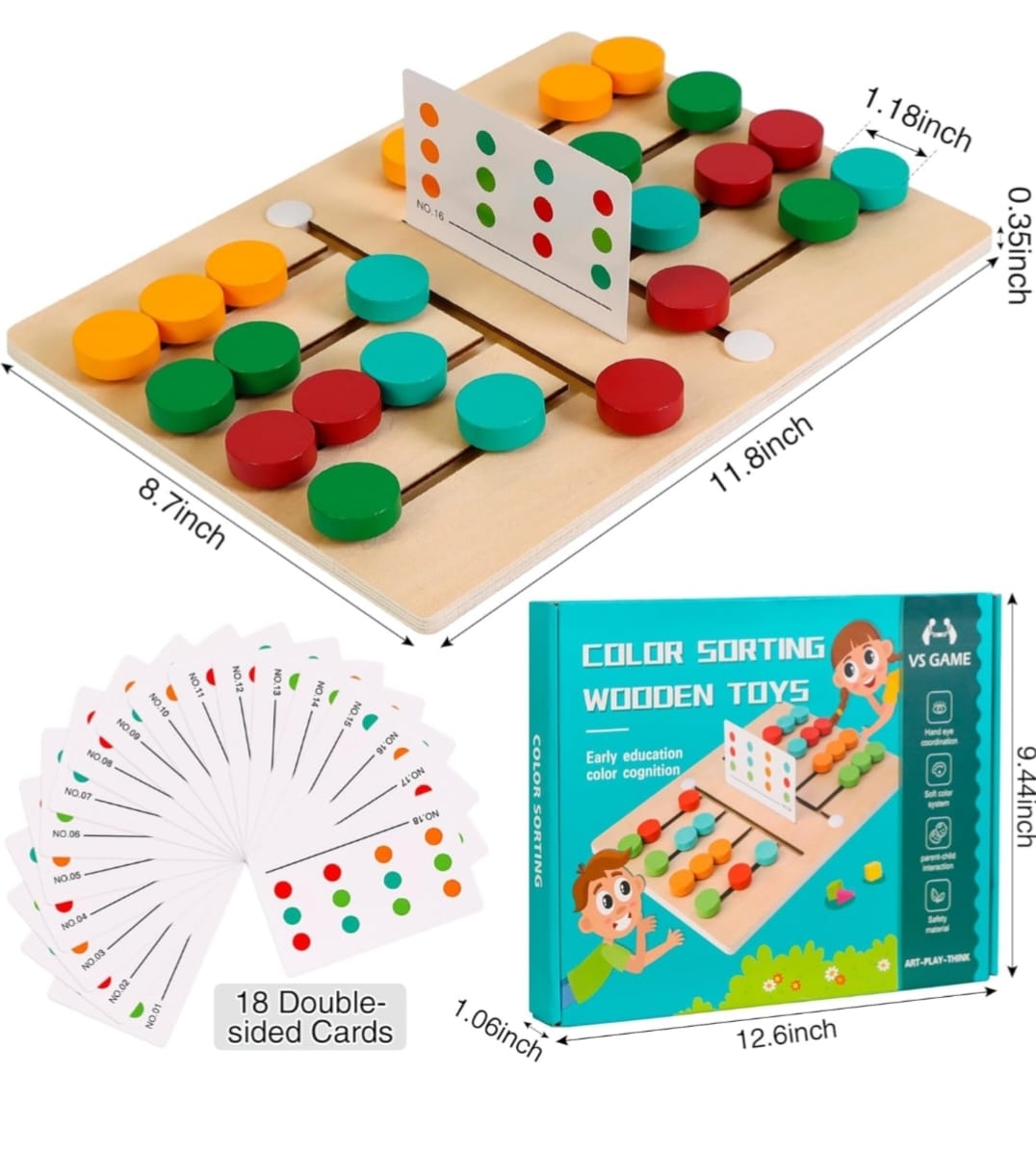 Wooden Color Sorting Two Players Game – Montessori Matching Puzzle with Cards