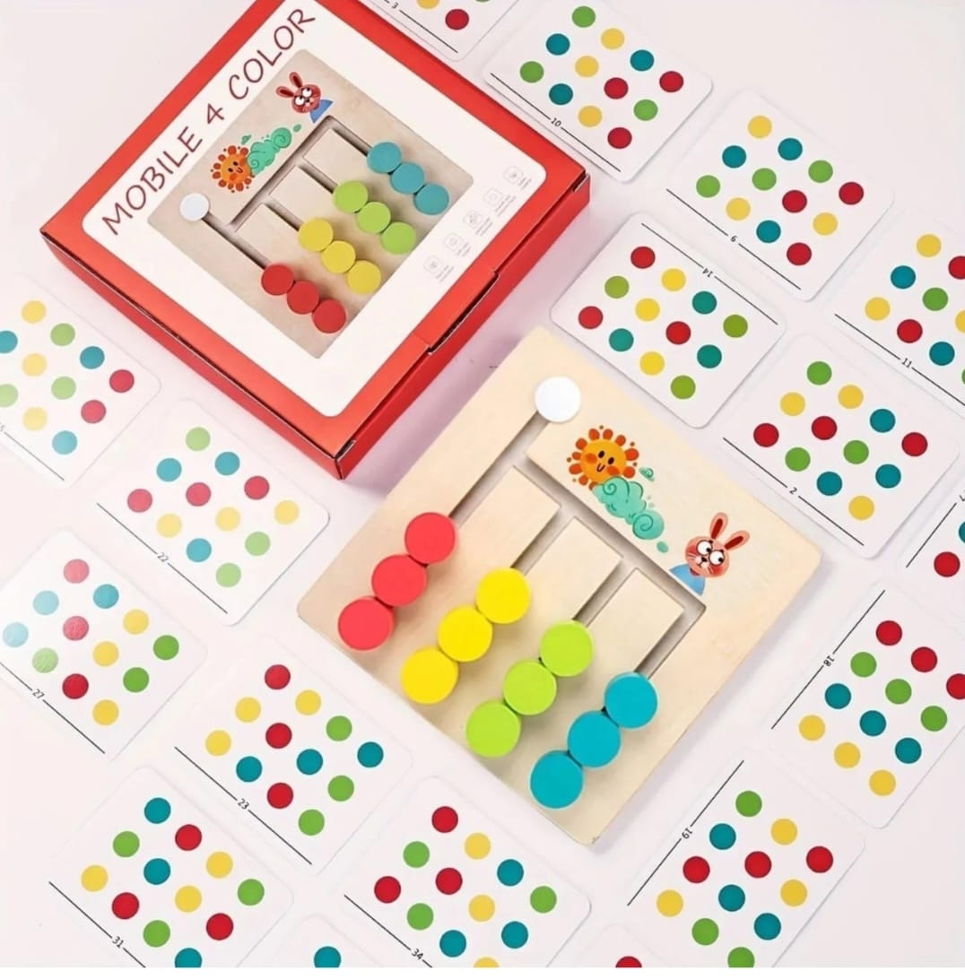 Wooden Color Matching Puzzle Board with Sliding Discs & Pattern Cards