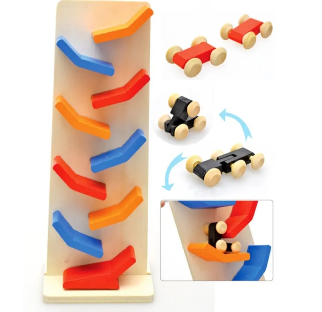 Wooden Car Ramp Racer Track with Colorful Slides & Mini Cars