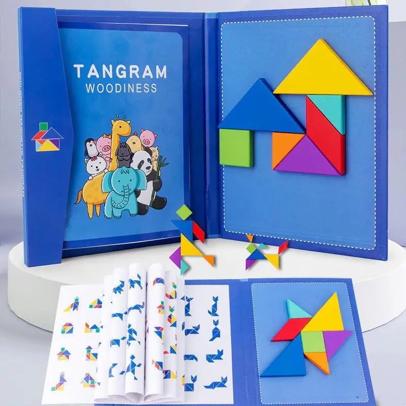 Magnetic Tangram Puzzle Book - Portable Wooden Jigsaw Learning Toy
